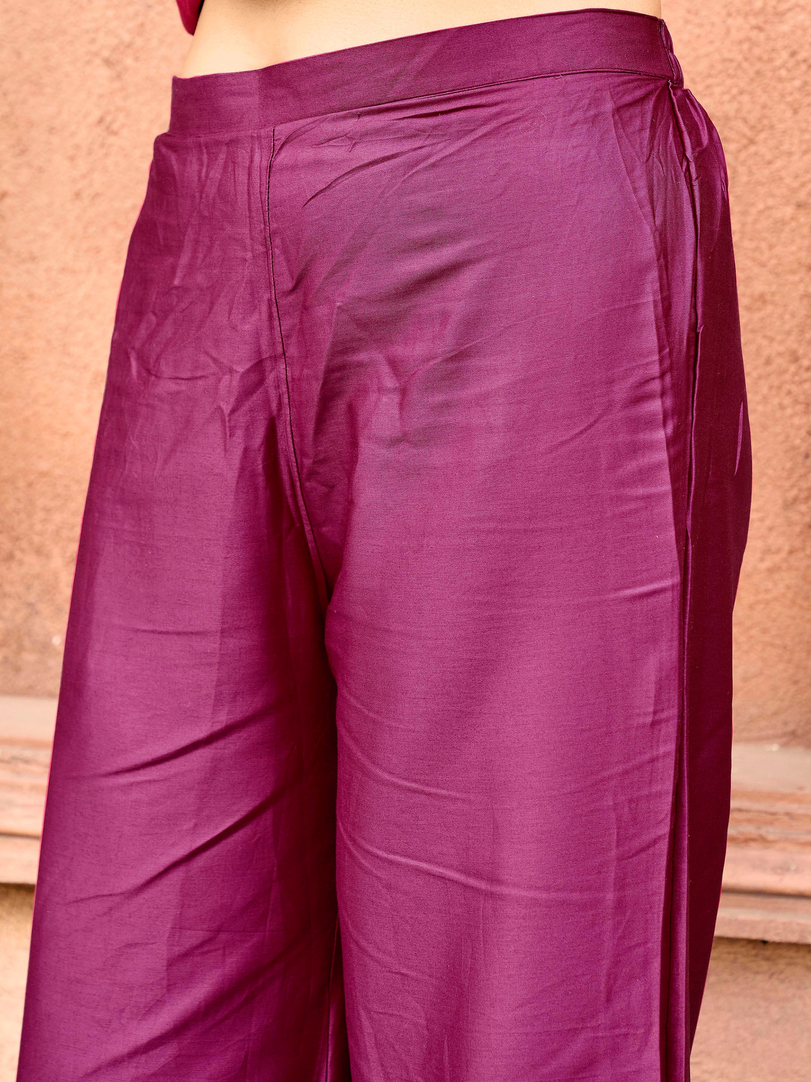 Burgundy color silk blend with white thread embroidered kurta & palazzo with dupatta set